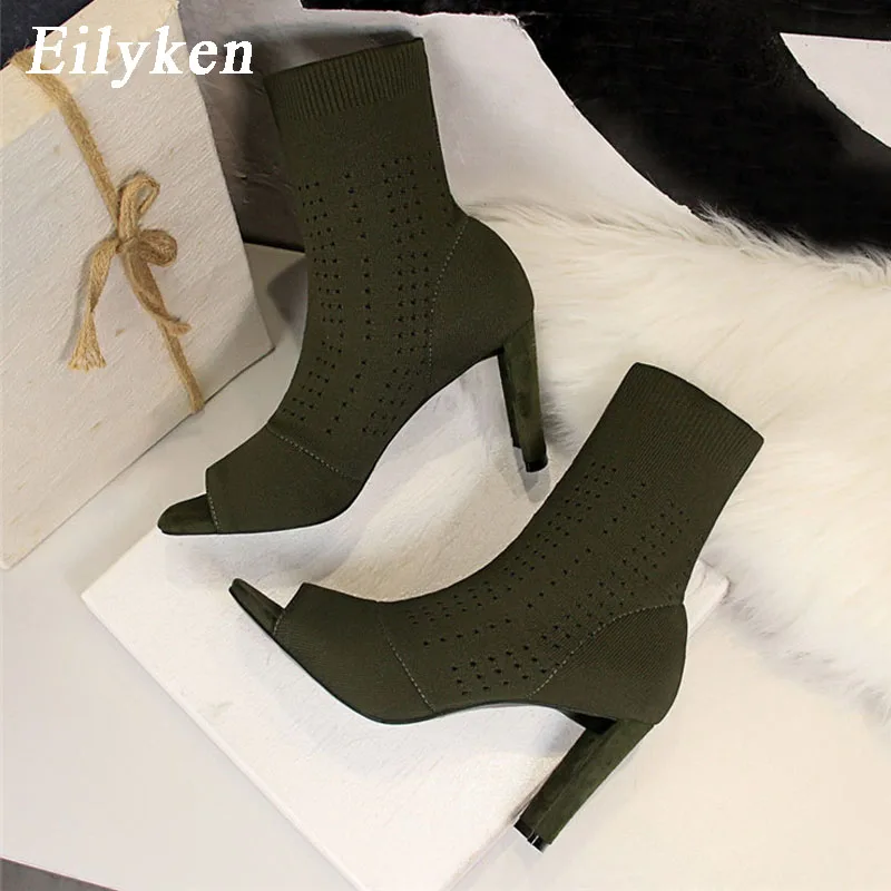 Eilyken; коллекция года; сезон весна-осень; модный дизайн; женские ботильоны из эластичной ткани; ботинки с открытым носком; пикантная обувь на высоком каблуке