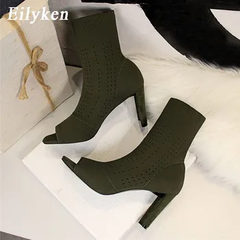 

Eilyken 2020 Spring Autum New Fashion Design Knitted Stretch Fabric Women Ankle Boots Open Toe Boots Sexy High Heels Shoes