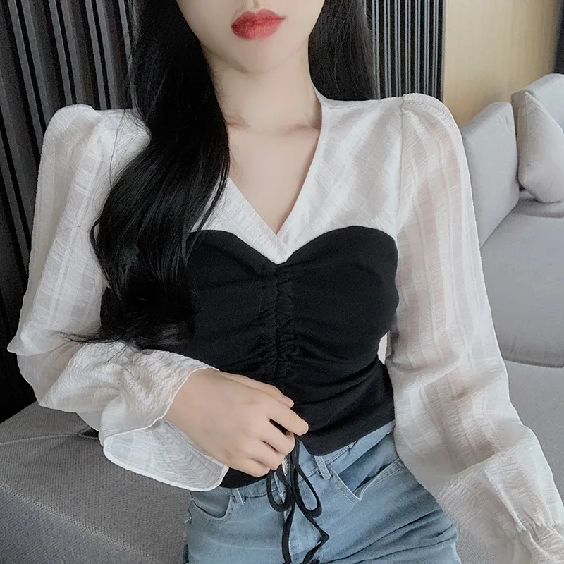 

Jlong Chiffon Blouse Sweet Puff Sleeve Blouses Women Fashion Drawstring Shirt