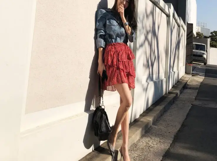WHITNEY WANG весенне-летняя модная уличная одежда в Корейском стиле с цветочным принтом и оборками, Женская юбка, милые летние юбки для девочек