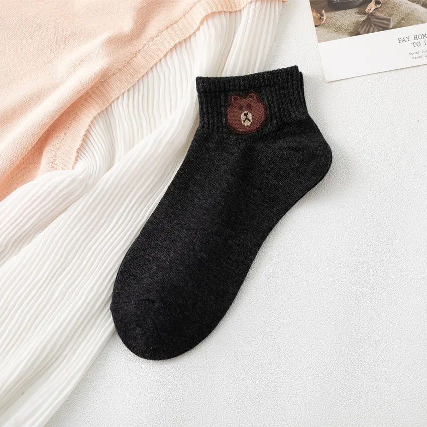 Весенние новые стильные женские носки, 3 шт., хлопковые женские носки с мультяшными животными, женские Носки с рисунком медведя в японском стиле - Цвет: Black