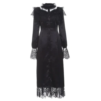 

Women Lace Maxi Dress Spring Gothic Party Elegant Office Ladies Flare Sleeve Mesh Sexy Solid Black Female Long Dress 2020 New