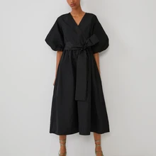 Весенне-летние вечерние платья Черное свободное платье миди с поясом и бантом, половинное v-образным вырезом, женское длинное платье, уличное Повседневное платье с пышными рукавами