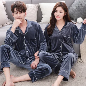 

Lovers Sleepwear 2PCS Pajamas Suit Shirt&Pant Velour Women Sleep Set Casual Home Clothing Long Sleeve Soft Homewear Nightwear