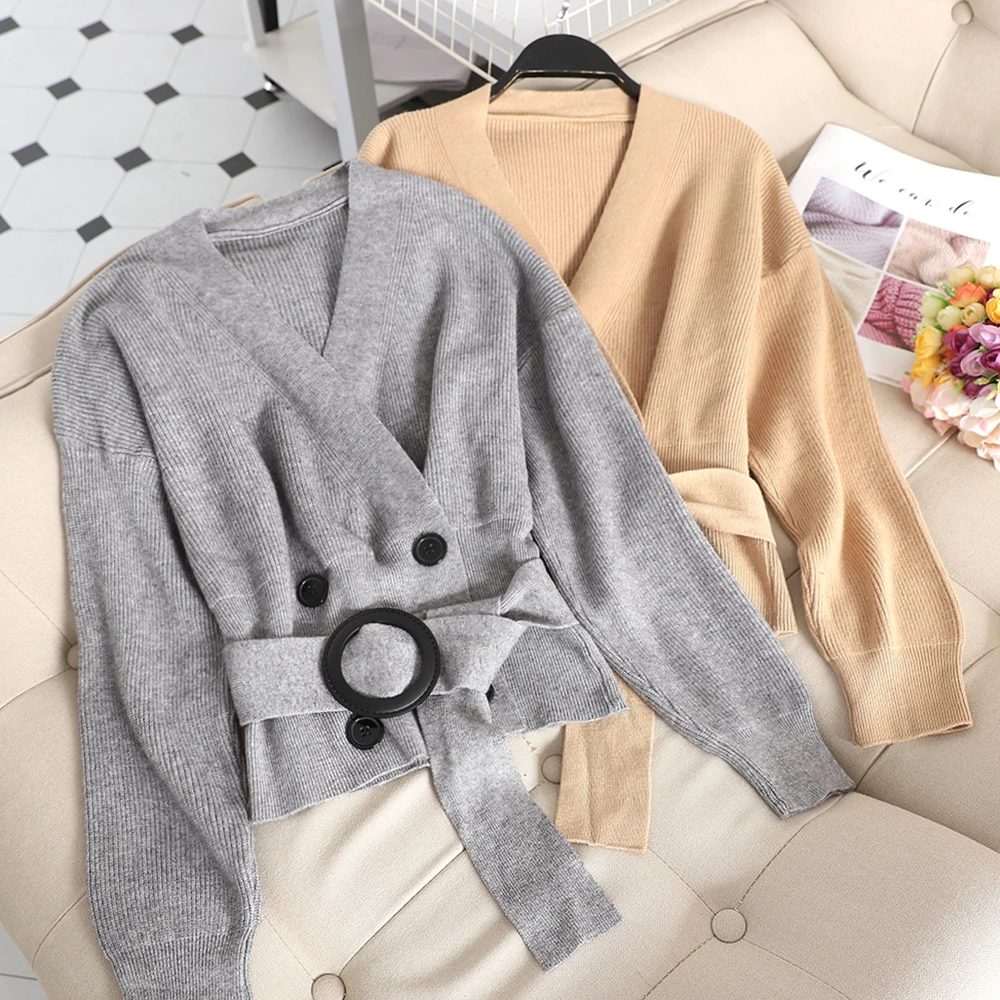 Autumn Women Sweater Korean New Fashion Grey/Beige/Khaki Cardigans With Belt Elegant Long Sleeve V-neck Knit Blouse Female