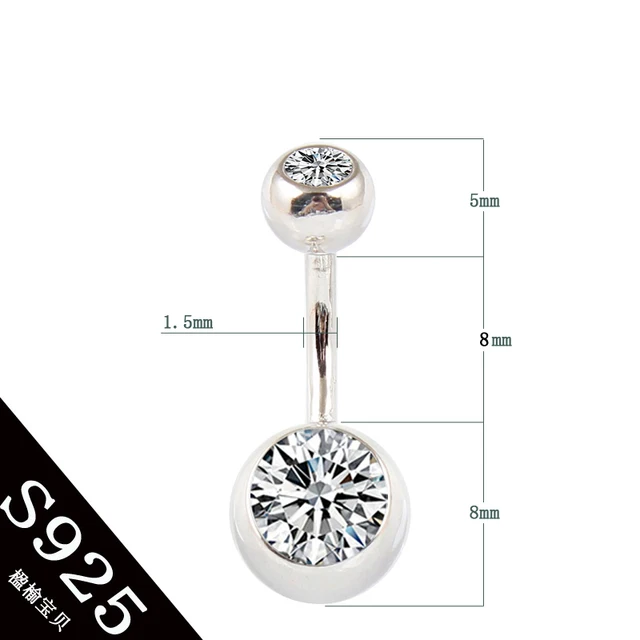 Real 925 sterling silver belly button ring clear double zircon stones body jewelry ball navel bar piercing jewelry free shipping PIN length 8mm