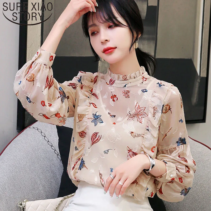 

2019 Autumn Fashion Women Chiffon Blouses Printed Long Sleeve Women Tops Casual O-neck Sweet Women Clothing 6023 50