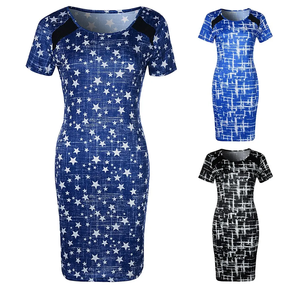 

LOOZYKIT Women Summer Slim Dot Star Print Dresses Women Bandage Bodycon Sketch Short Sleeve Evening Party Dresses Clothing