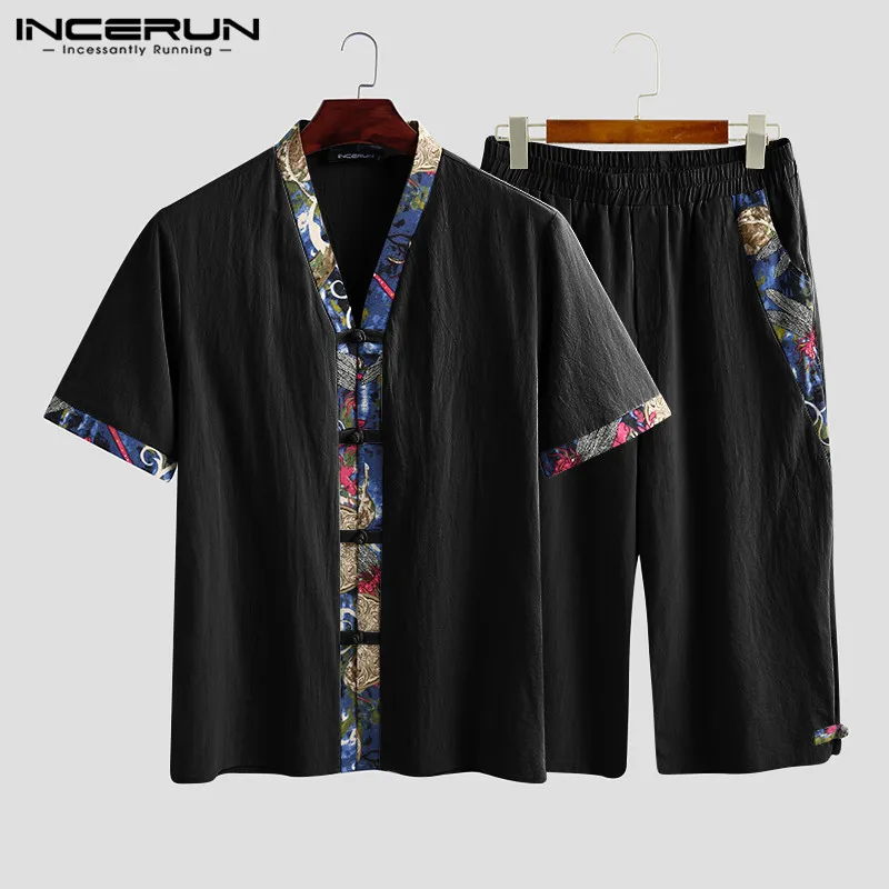 INCERUN Chinese Style Men Sets Print Patchwork Half Sleeve V Neck Cotton Shirt Elastic Waist Pants Streetwear Vintage Men Suits INCERUN Chinese Style Men Sets Print Patchwork Half Sleeve V Neck Cotton Shirt Elastic Waist Pants Streetwear Vintage Men Suits