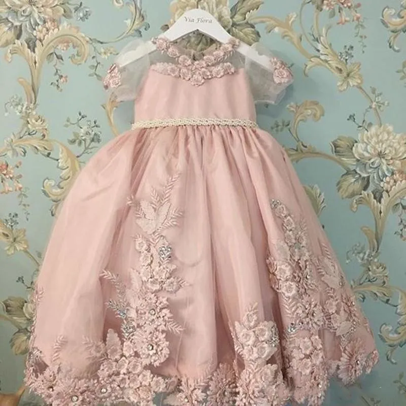 Roze Schattige Baby Meisje Eerste Verjaardag Jurk met Grote Boog O Hals Lange Kant Applique 3D Bloemen Kinderkleding Roze Schattige Baby Meisje Eerste Verjaardag Jurk met Grote Boog O Hals Lange Kant Applique 3D Bloemen Kinderkleding