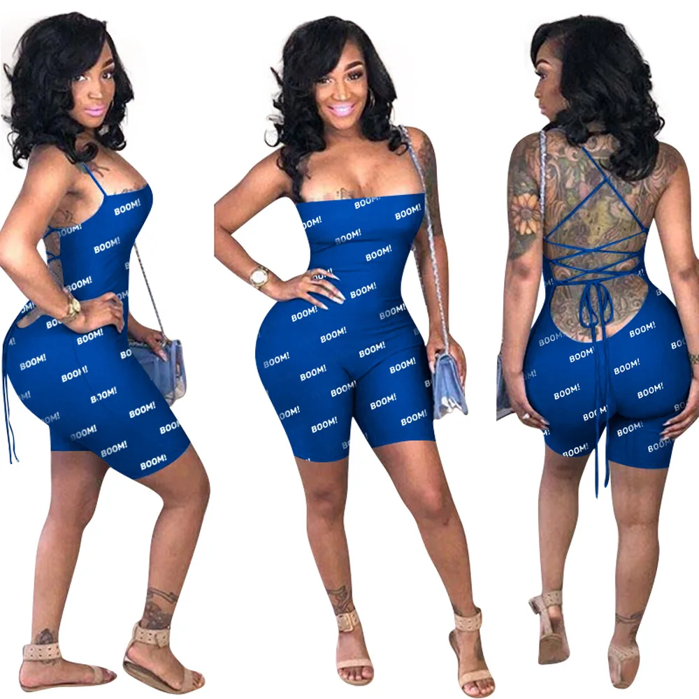 

2020 New Women's Sexy Spaghetti Strap Backless Bodycon Letter Strapless Printed Short Rompers Beachwear One Piece Jumpsuit