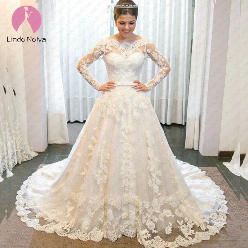 Vestido De Noiva изготовление на заказ с длинным рукавом и круглым вырезом кружева линии свадебное платье 2019 Иллюзия Длинные свадебные платья Robe De