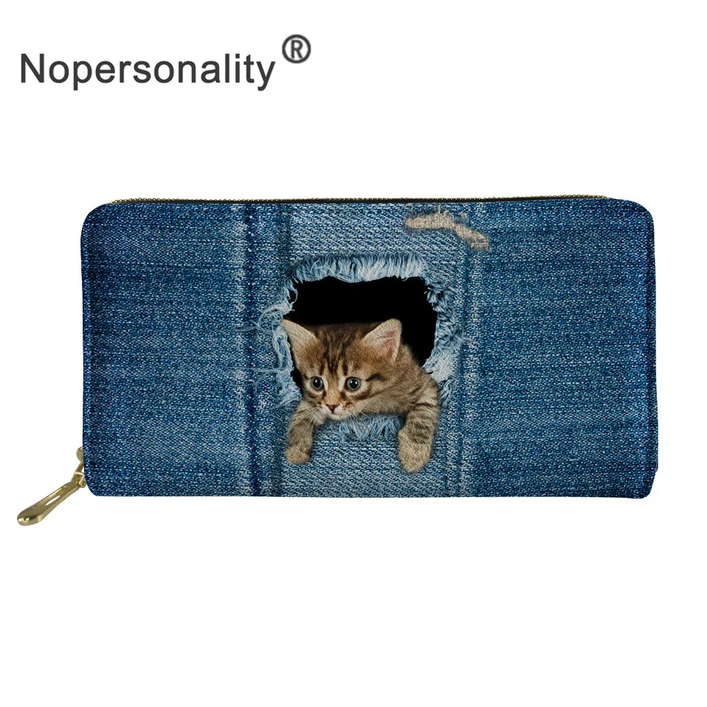 Nopersonality, 3D, джинсовый, с принтом кота, забавный, кожзам, кошельки, водонепроницаемые, женские, повседневные, кошельки, длинный кожаный кошелек, сумка для денег для дам
