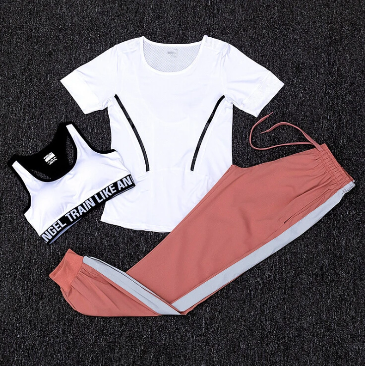 Hot sale women quick dry yoga sets fitness gym 2/3 piece set t shirt+bra+pants outdoor sports running clothes training suit sets - Цвет: 3 piece set g