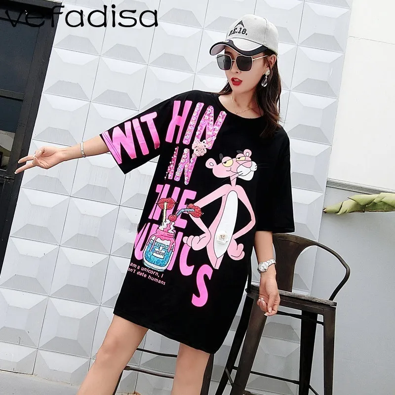 

Vefadisa 2020 Letter Sequins Dress Women Pink Panther Dress Summer Print T Shirt Women Short Sleeve Dress Black White Top JM002