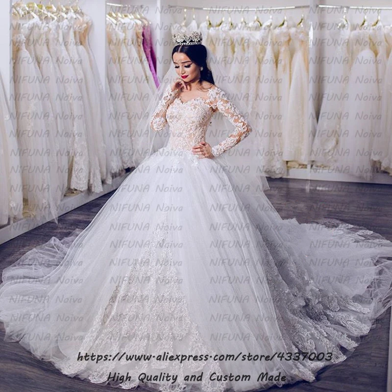Саудовская Аравия бальное платье невесты платье vestido novia элегантные белые кружевные аппликации Дубай с длинными рукавами свадебное платье халат Mariage