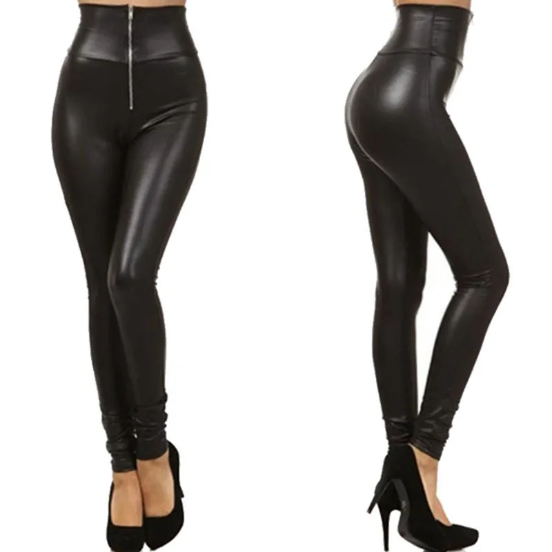 Зимние леггинсы из искусственной кожи, женские эластичные кожаные штаны на молнии, сексуальные черные узкие брюки с высокой талией, тонкие леггинсы
