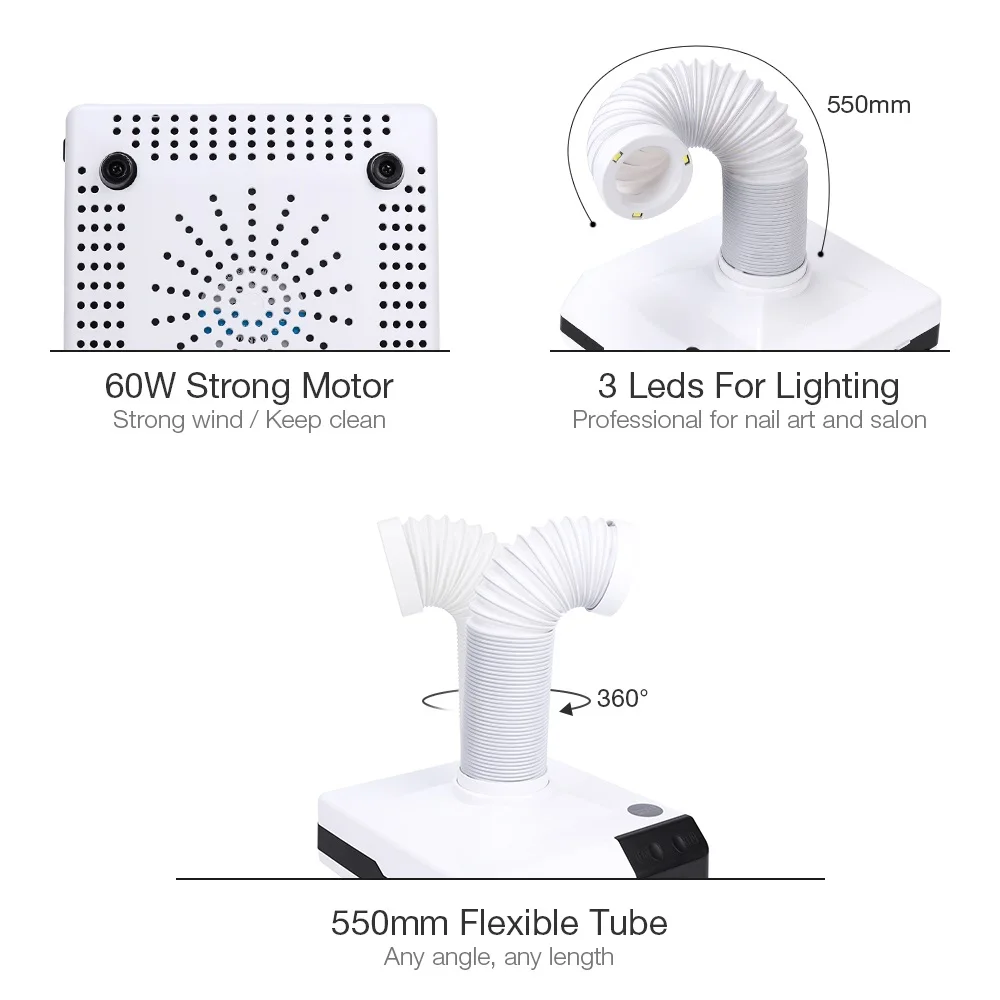 Coletor de pó Aspirador de pó Coletor de Poeira Forte Unha Sucção Retrátil Cotovelo Design Ventilador Manicure 60 w Mod. 1258019 12 60 w forte prego coletor de pó