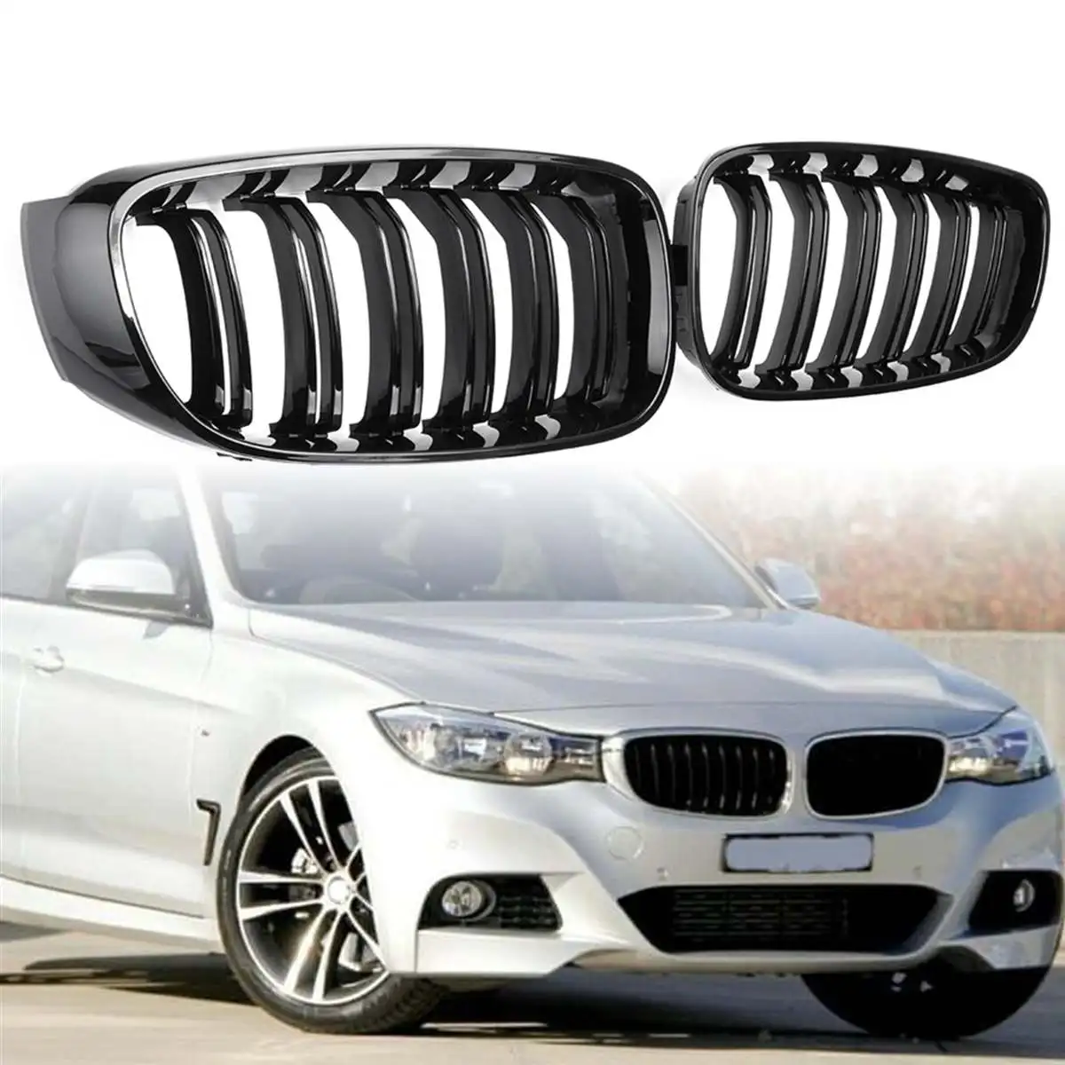 Car Stying Grill Dual Racing Grills Glossy Black Front Bumper Grille