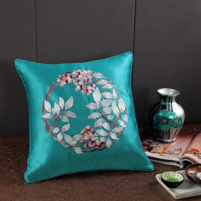 Атлас Вышивка Узор цветы пиона Подушка Cojines Decorativos Para диван год домашние декоративные подушки
