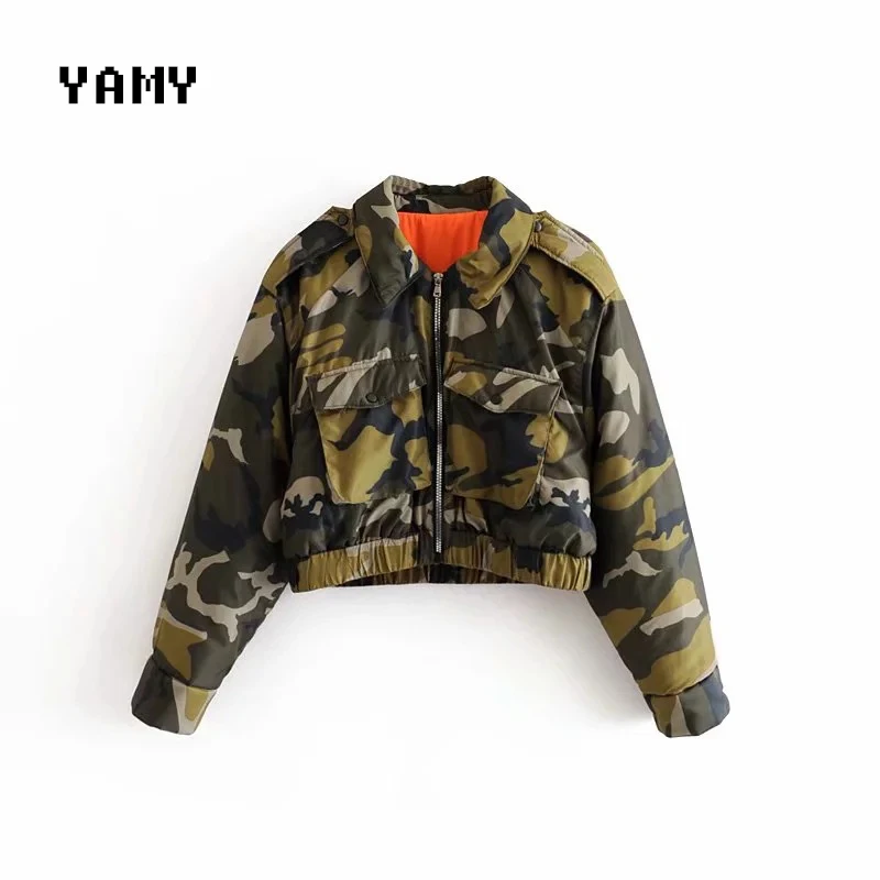 

Military style Womens short Bomber Jacket veste femme chaqueta mujer vintage camouflage Jacket Coat chic Streetwear Outwear 2019