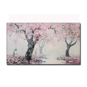 

Pink Tree View 100% Handpainted Modern Landscape Oil Painting On Canvas Flower Art Pictures For Living Room Home Decoration