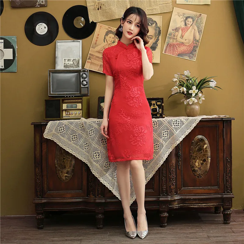 Китайское восточное платье с кружевной вышивкой Улучшенный чёнсам Qipao платье с коротким рукавом традиционное китайское Восточное