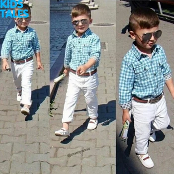 

Baby Boys Autumn Casual Clothing Set fashion kids Plaid Formal Clothes Blue jacket + White pants +Belt 3-Piece suit
