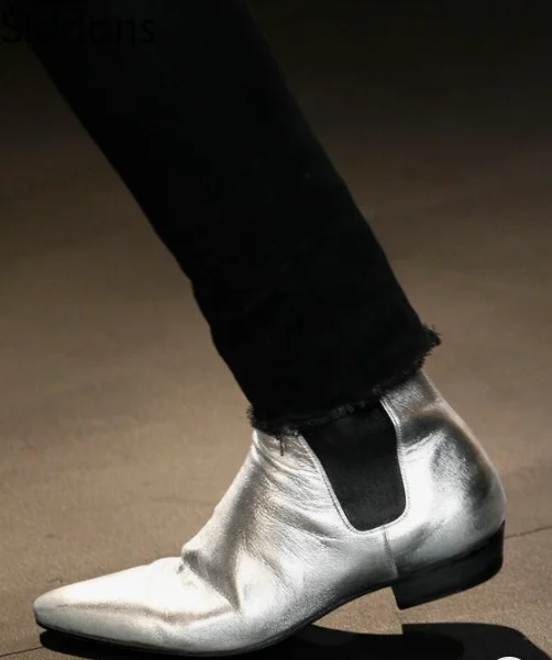 

Men Boots Pointy Toe Metal Silver / Gold Char Boots Chelsea Men's Ankle Autumn Boots Wedding Dress Slide Shoes D62