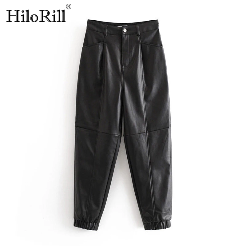 Women Black Faux Leather Pants Fashion Streetwear Loose Harem Pants Ladies Winter Pu Leater Long Trousers
