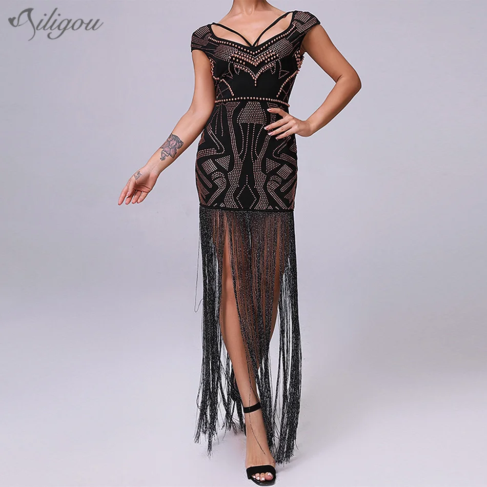 Ailigou Outono Novas Mulheres Borla Frisado Bodycon Vestido сексуальное Бандажное платье с лямкой на шее Manga Curta vestido de festa