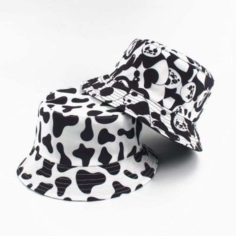 2020 Fashion Cow Bucket Hats Black White Pattern Reversible Fisherman Caps for Women Men Summer Bucket Hats