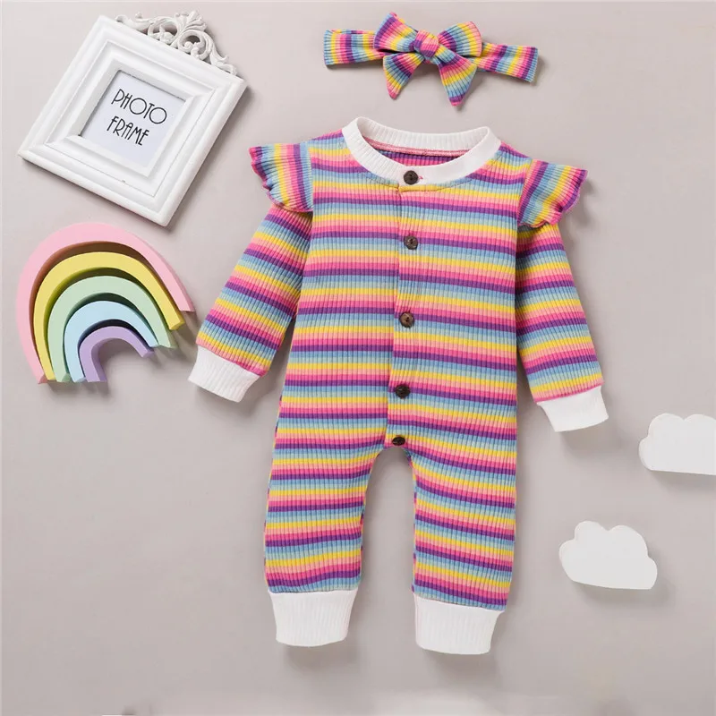 

Newborn Baby Girl Fall Outfit, Colorful Striped Long Sleeve Ruffle Romper + Headband 2Pcs Clothes Set