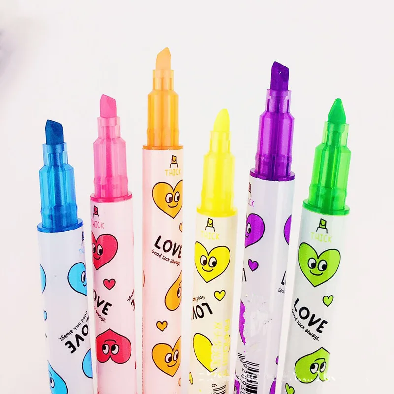 

6pcs/set Cartoon stationery Colorful Heart Double Headed Fluorescent Pen Hook Pen Highlighter Pen Color Mark Pen Cute