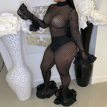 

2019 Autumn New Grid Mesh Sexy Jumpsuits Hollow Out O Neck Flare Full Sleeve Plus Size Black Red Club See Through Sexy Romper