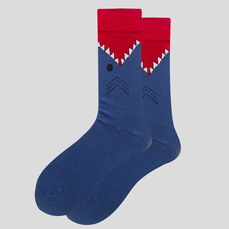 Яркие цветные мужские носки, новинка, милые женские носки из чесаного хлопка с изображением животных, фламинго, зебры, фруктов, счастливых подарков - Цвет: Shark blue red