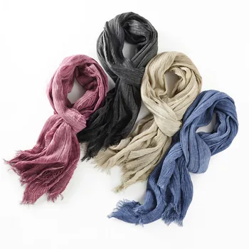 

Men's scarf 2019 new yarn-dyed solid color scarf winter retro pure cotton and linen scarves crinkle shawl for men and women