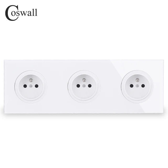 Coswall Crystal Tempered Pure Glass Panel 16A Triple French Standard Wall Power Socket Grounded With Child Protective Lock