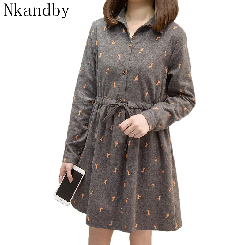 

Plus size long sleeve dress 2019 Autumn Winter korean fashion waist banding animal Print oversized Ladies Midi Dresses