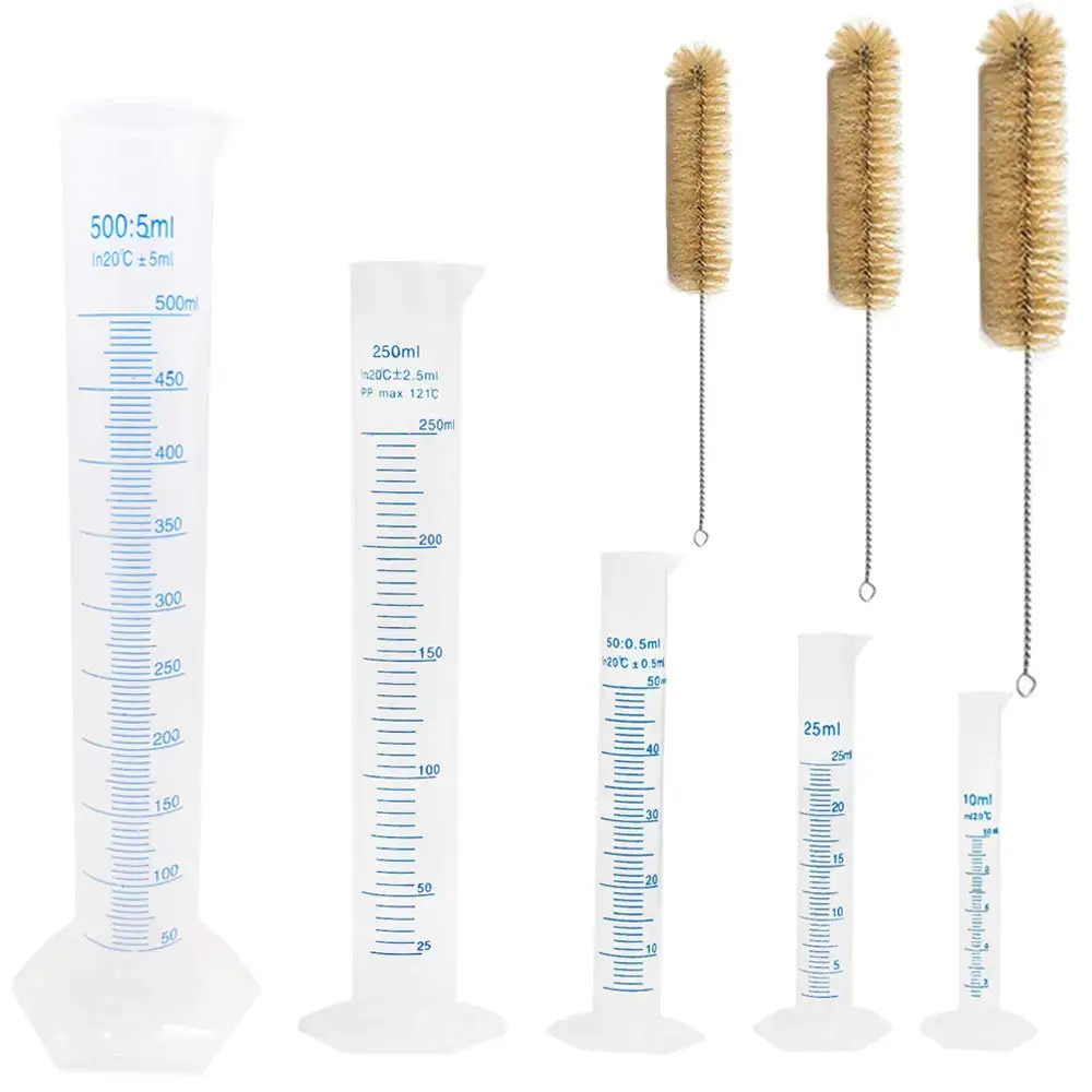 Plastic Measuring Cylinder plastic measuring cylinder 5 Pack Graduated Cylinder 10ml 25ml 50ml 250ml 500ml Lab Test Tube Kit with 3 Clear Brushes
