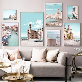 

Coastal City Building Sea Beach Blue Sky Wall Art Canvas Painting Nordic Posters And Prints Wall Pictures For Living Room Decor