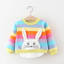 Осенне-зимние утепленные толстовки с капюшоном для маленьких девочек; хлопковая спортивная одежда с длинными рукавами и рисунком кролика; футболка для маленьких мальчиков; топы; одежда