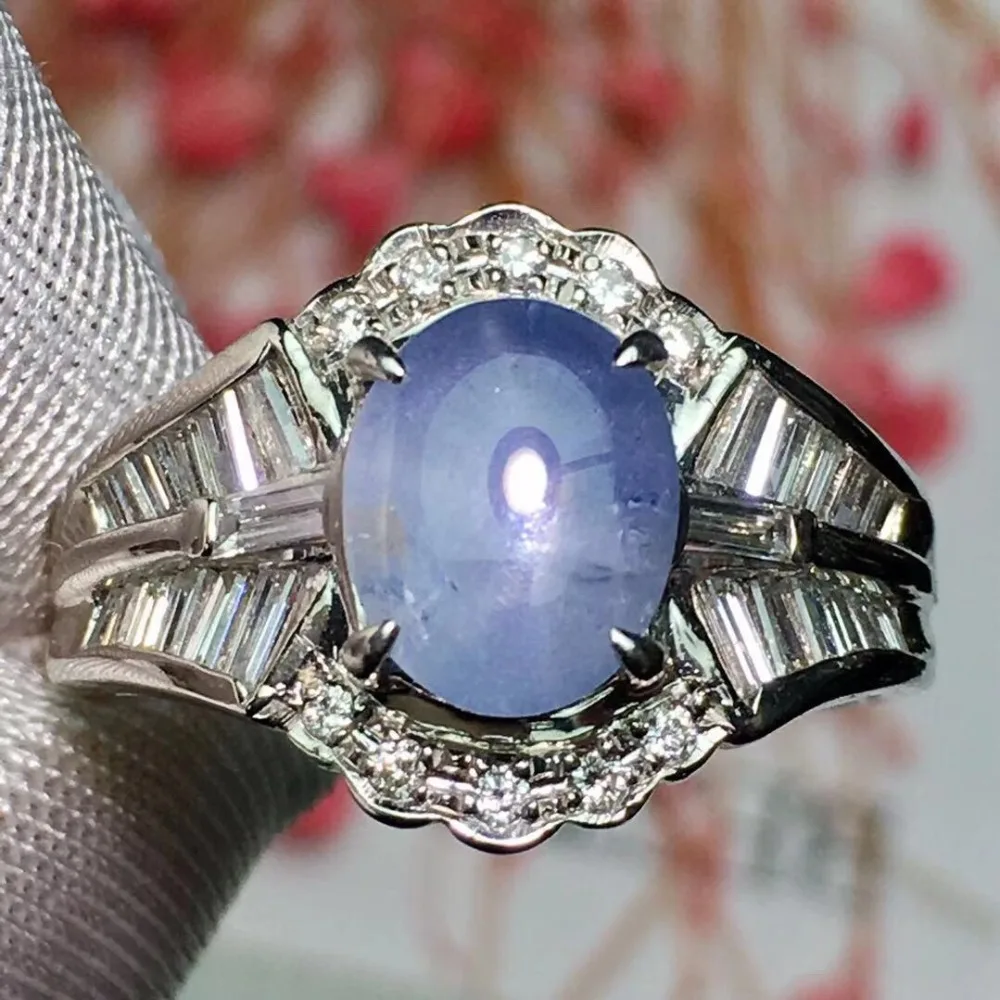 Fine Jewelry Pt900 Real Platinum Gold Natural Blue Star Sapphire 2.12ct Gemstones Sapphire Diamonds Female Wedding Rings