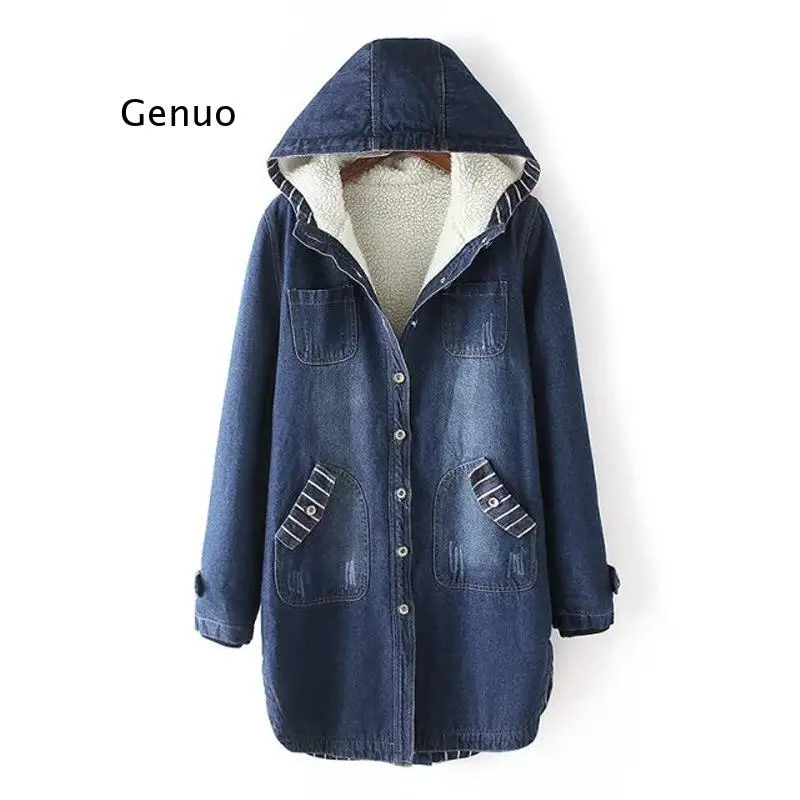 

2021 New Winter Women Lamb Fur Parka Coat Warm Hooded Fur Denim Jacket Big Size Casual Jeancoat Female Thick Warm Denim Jacket