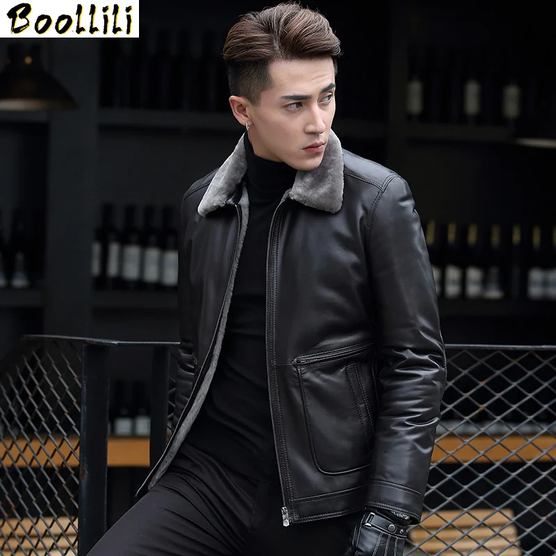

Boollili Leather Jacket Men Winter Natural Wool Fur Liner Sheepskin Coat for Men Real Fur Warm Leather Jackets