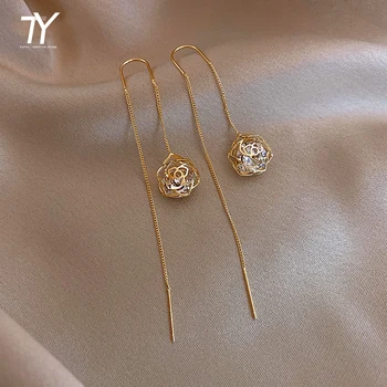 2020 New Elegant Hollow Out Zircon Flower Long Earrings Fashion For Woman Korean Jewelry Luxury Party Girl’s Unusual Earrings