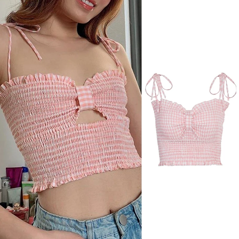 

Sweet Bandage Plaid Straped Ruched Crop Tops Summer Fashion Hollow Out Bow Ruffle Hem Camis Tops Kawaii Tank