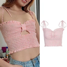 Best Offers Sweet Bandage Plaid Straped Ruched Crop Tops Summer Fashion Hollow Out Bow Ruffle Hem Camis Tops Kawaii Tank Best Offers Sweet Bandage Plaid Straped Ruched Crop Tops Summer Fashion Hollow Out Bow Ruffle Hem Camis Tops Kawaii Tank