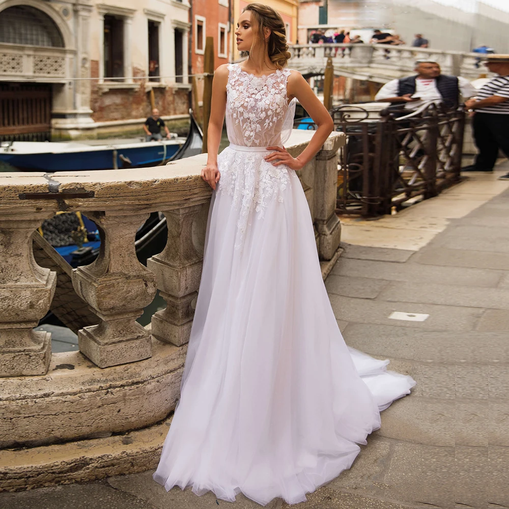 

Vestido De Noiva Wedding Dress 2020 Elegant O-neck Sleeveelss Applique Tulle A-line Princess Bridal Wedding Gowns