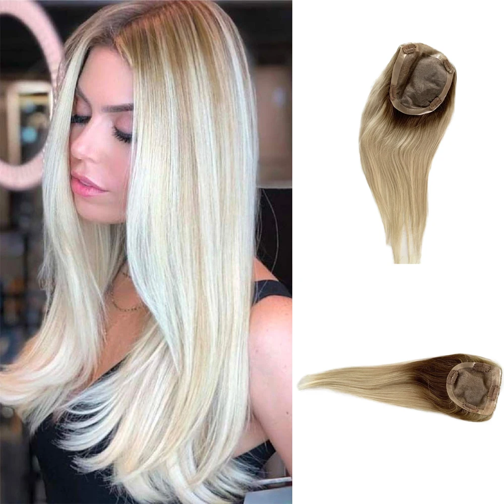 

Women Toupee European two Tone Closure Wig Ombre Blonde Jewish Hair Toppers For Women Remy Hair Mono Lace Front Top Piece